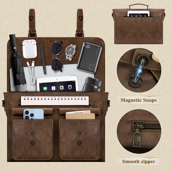 Men's Dark brown 15.6 Inch Water proof Laptop Bag Leather Briefcase Computer Bag - Picture 4 of 6